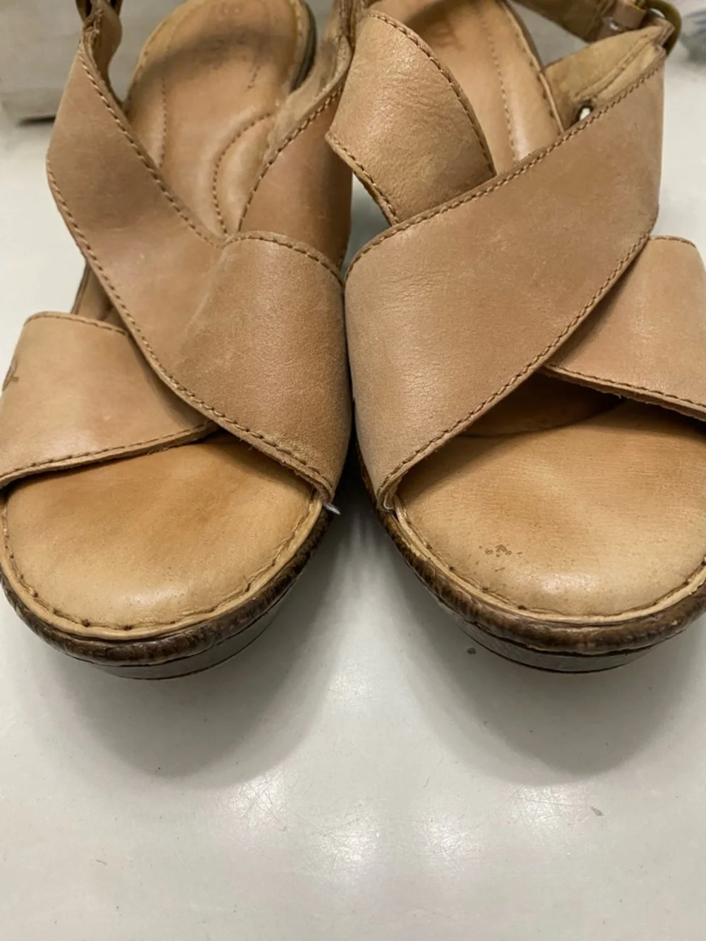 Børn Tan Leather Crisscross Slingback Wedge Sandals Opanka‎ Comfort Size 10
